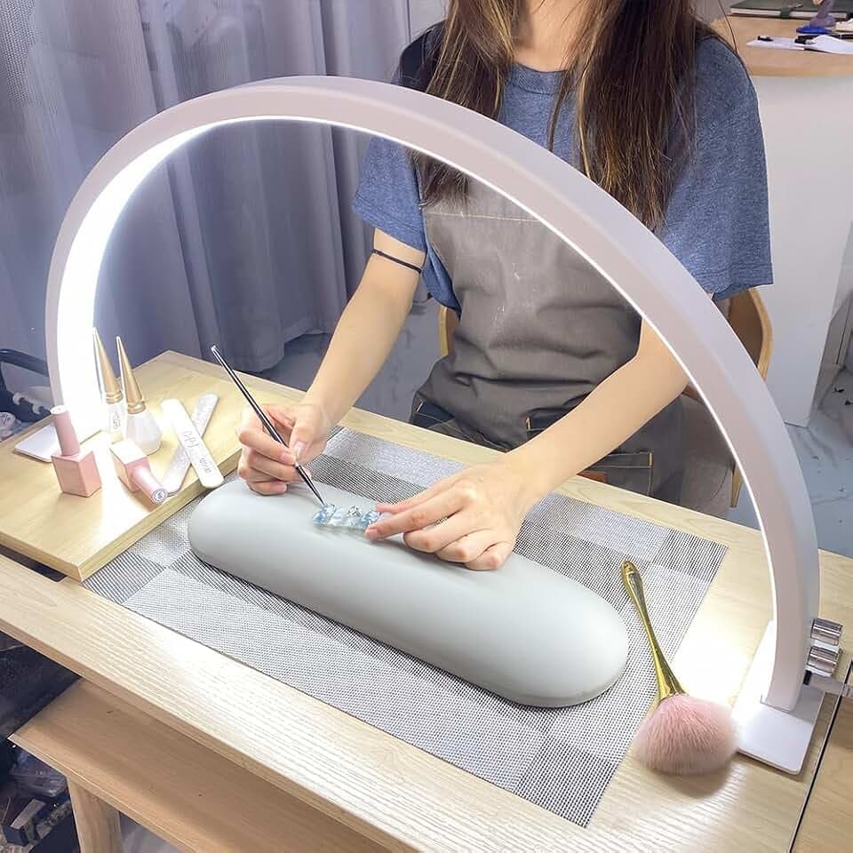 Half Moon Nail Light for Desk with Knob,29 Inches 50W, 180-Degree Illumination, 3 Color Temperature Adjustable & Dimmable for Beauty Salon Eyelash Desk Lamp, Manicure Nail Art Fill Light (White)