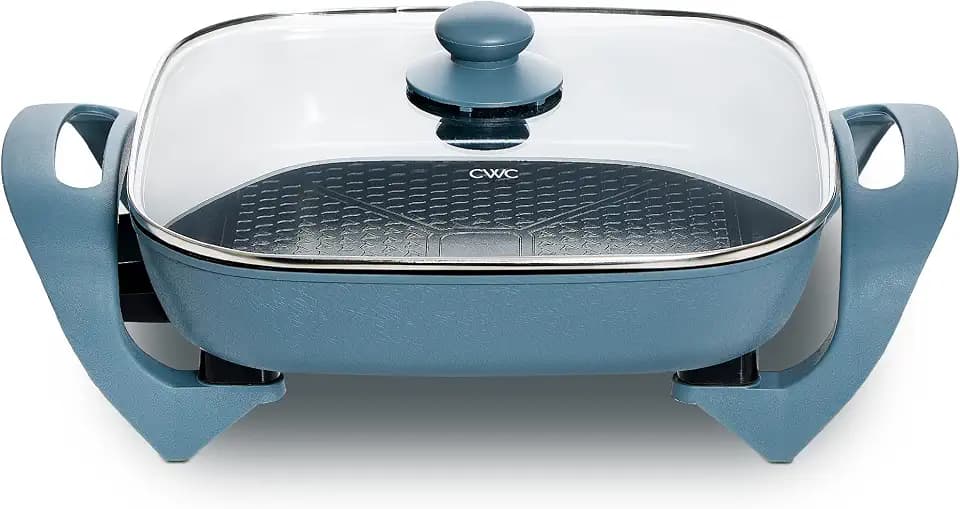 COOK WITH COLOR Electric Skillet - 12" x 12" Ceramic Nonstick Pan, PFAS-Free, 1400W, Tempered Glass Lid, Variable Temperature, Removable Heating Probe, Cool-Touch Handles, Slate Blue