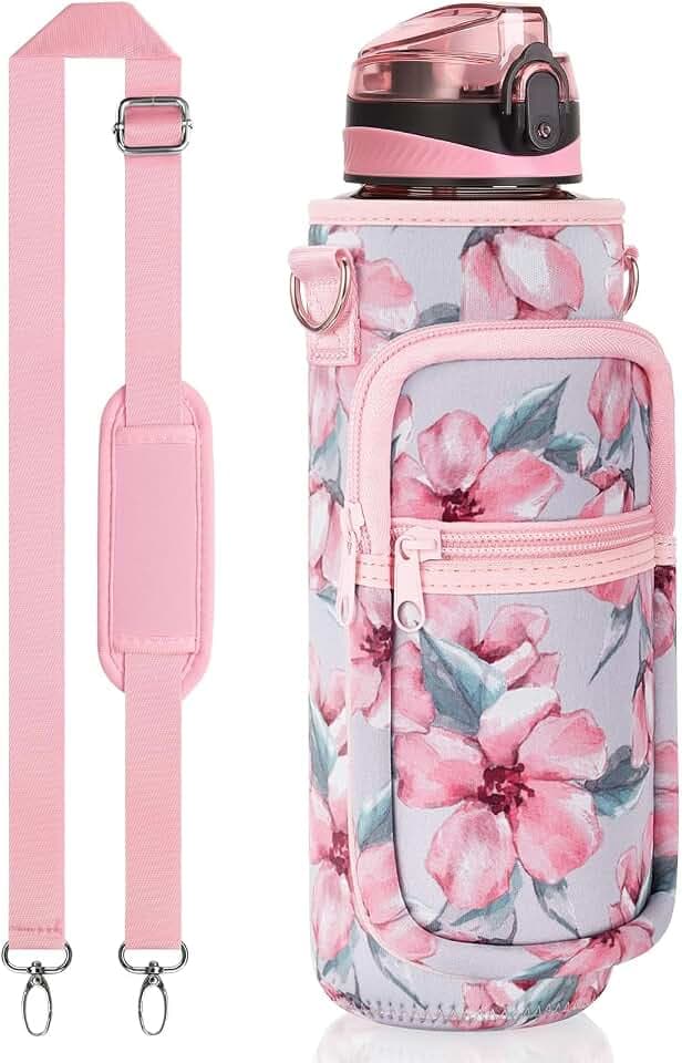 Fimibuke 32 oz Water Bottle with Sleeve - BPA Free Leakproof Sport Large 1L Plastic Motivational Water Bottle with Straw Strap & Insulated Neoprene Holder Carrier Bag Great Xmas Gift for Women Men