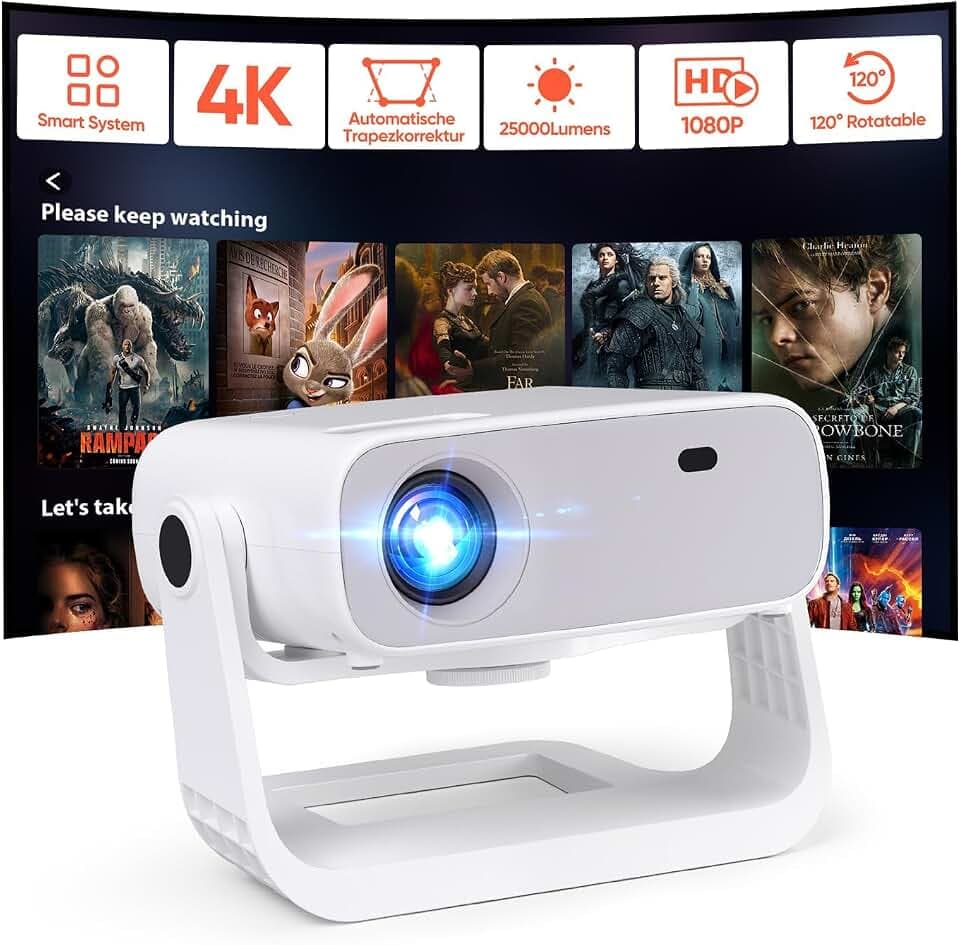 2025 Neuer Smart Beamer,Integrierte Apps,Full HD 1080P mit 4K-Unterstützung,25000 Lumens, 4D-Trapezkorrektur,Heimkino 4K Beamer Kompatibel mit iOS/Android/PS5