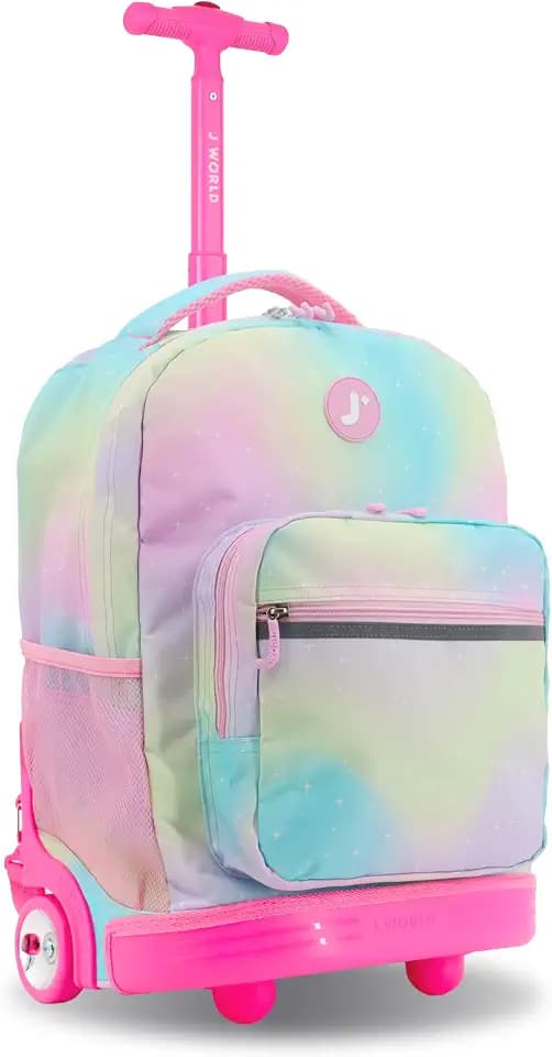 J World Sunrise Kids Rolling Backpack with Wheels for Girls Boys, Roller Bookbag for School, 18 x 13 x 9 Inches, Aurora