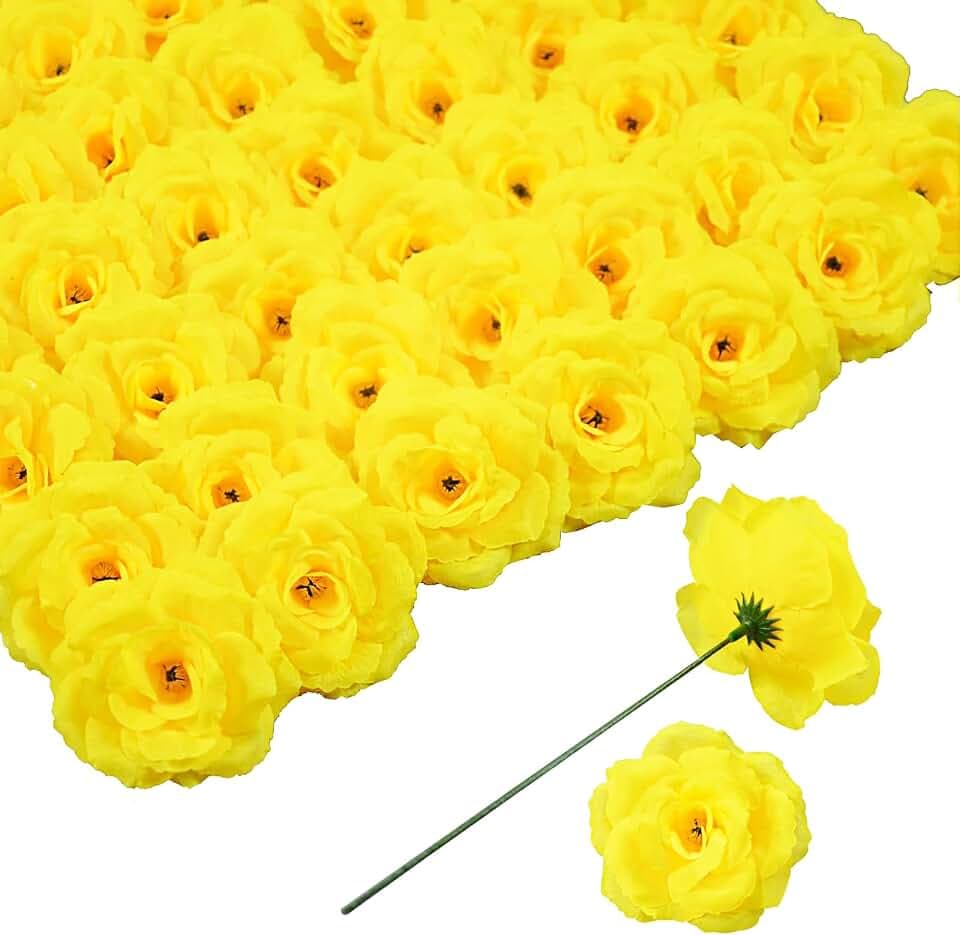 Rose Artificial Flowers, 50Pcs Yellow Roses Head Flowers Bulk with Stem