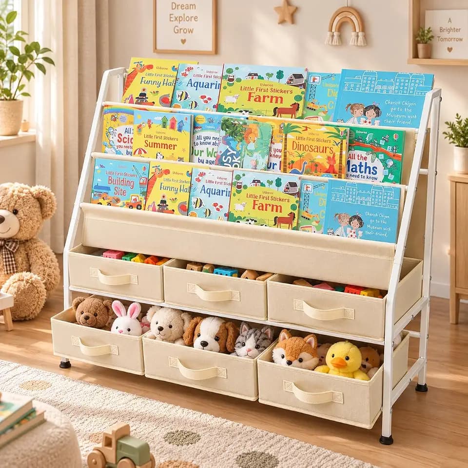 36" Extra Wide Kids Bookshelf and Toy Storage Organizer, 3-Tier Front Facing Book Shelf with 6 Large Removable Storage Bins, Toddler Bookshelf for Nursery, Playroom, Bedroom, Montessori Reading Corner