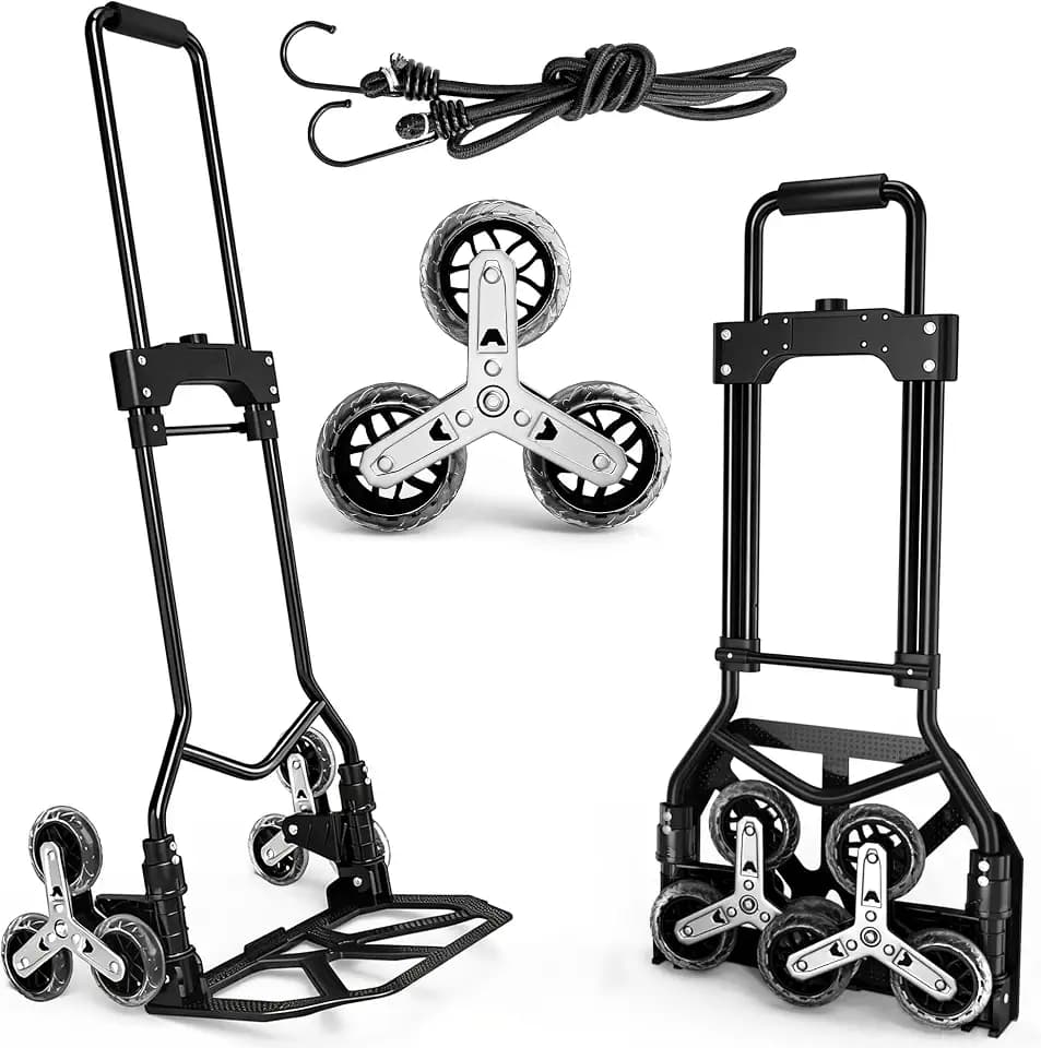 DIAMONDFORGE Stair Climbing Dolly, 220LBS Stair Climbing Cart with Telescoping Handle, Portable Folding Aluminum Cart for Stairs, 6 Wheels & Rope for Home, Groceries, Black