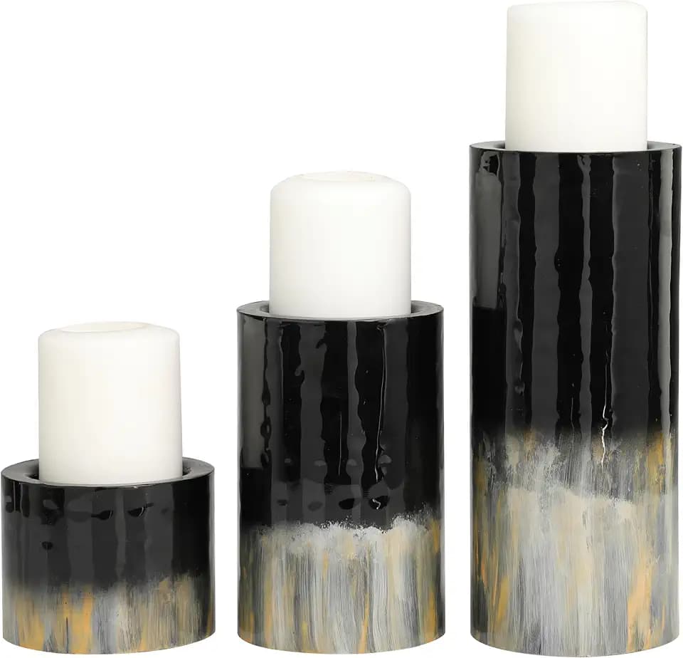 Deco 79 Metal Decorative Candle Holder Colorblock Candle Stand with Gold and Silver Streaks, Set of 3 Candlestick Holder 11", 7", 4" H, Black