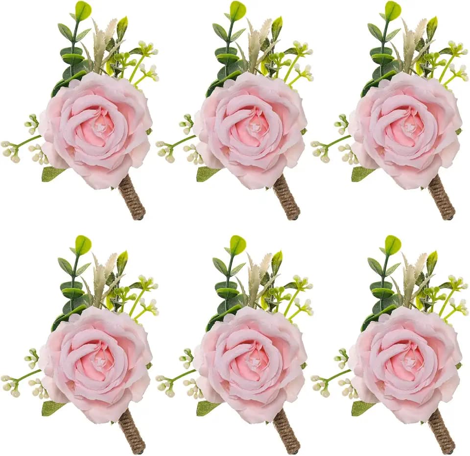 Gvhntk Ivory Rose Boutonniere for Men Wedding Set of 6 Groom Groomsmen Best Man Artificial Flowers Boutonniere for Wedding Ceremony Anniversary Prom Flowers Formal Dinner Party (6, Pink, Middle)