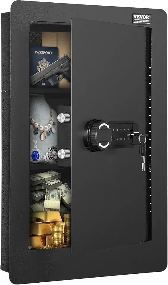 VEVOR 25.59" High Concealed Wall Safe, Keypad Access 3-Level Security Safe, Includes 3 Adjustable Shelves & 6 Hooks, Made of Durable Q235 Steel, Features LED Lighting & Alert System for Valuables