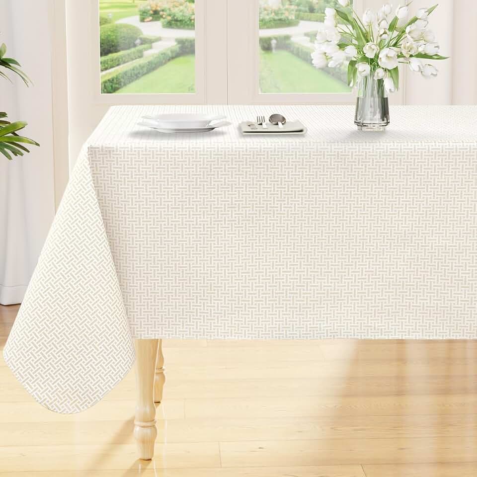 Smiry Rectangle Table Cloth, Waterproof Vinyl Tablecloths with Flannel Backing, Wipeable Spillproof Plastic Table Cover for Dinner and Outdoor (Ivory, 60" x 102")