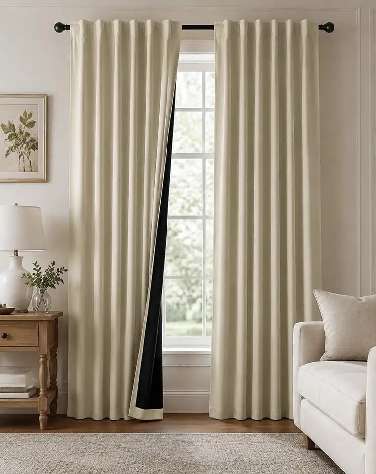 PONY DANCE Beige 100% Blackout Curtains 84 Inches Long for Bedroom, Thermal Insulated Full Light Blocking Window Drapes with Black Back for Living Room/Girls Dorm/Nursery, 2 Panels Set, 52″Wx84″L
