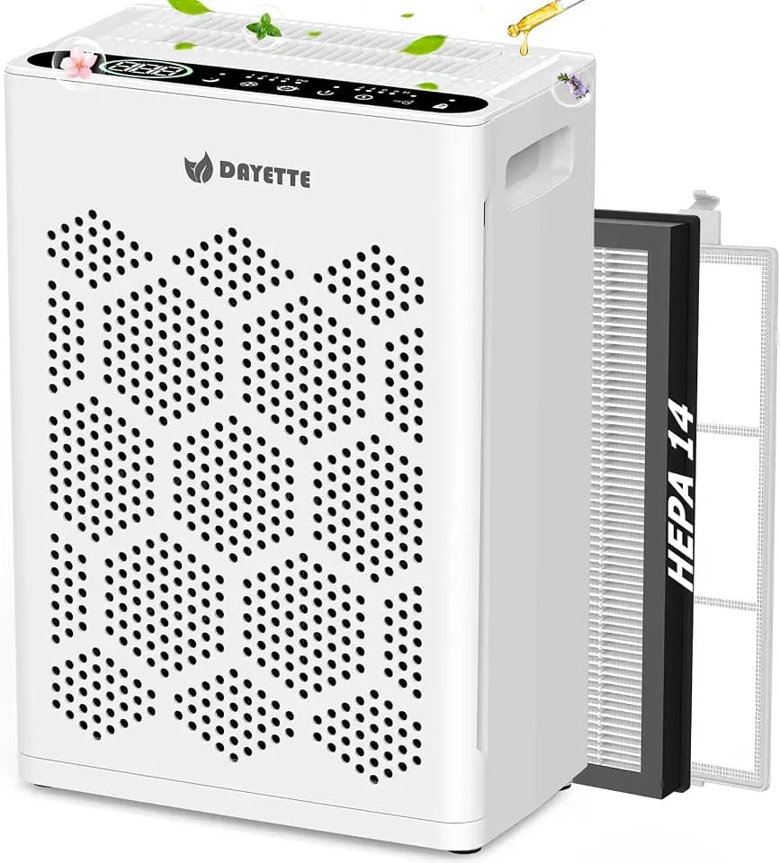 DAYETTE Air Purifiers for Home Large Room Up to 1800 Ft² with HEPA 14 Filter, Pet Air Purifier with Washable filter for Bedroom with Fragrance, Air Cleaner for Smoke Dust Pets Hair Odor, Pearl White