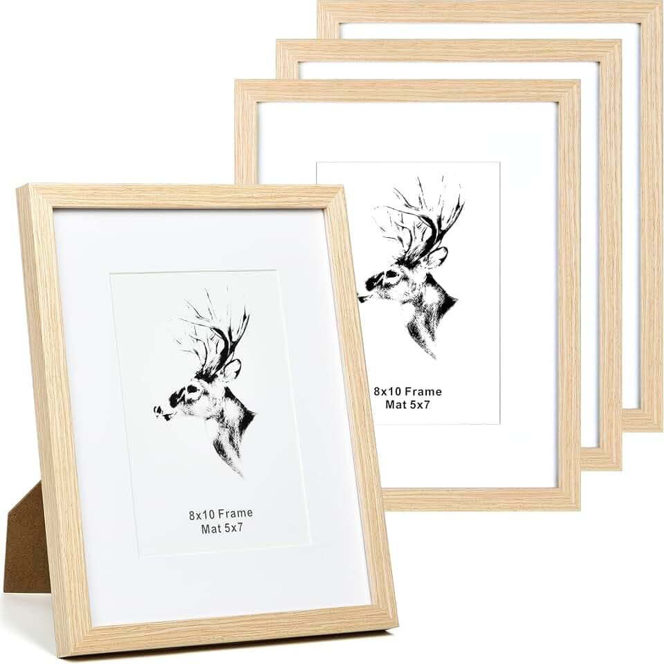 Yaetm 8x10 Picture Frame Matted to 5x7 Set of 4, Natural Solid Oak Wood 8x10 Frames with Tempered Glass for Wall Gallery, Home and Office, Display on Tabletop or Wall Mounting (4 Pack, Oak)