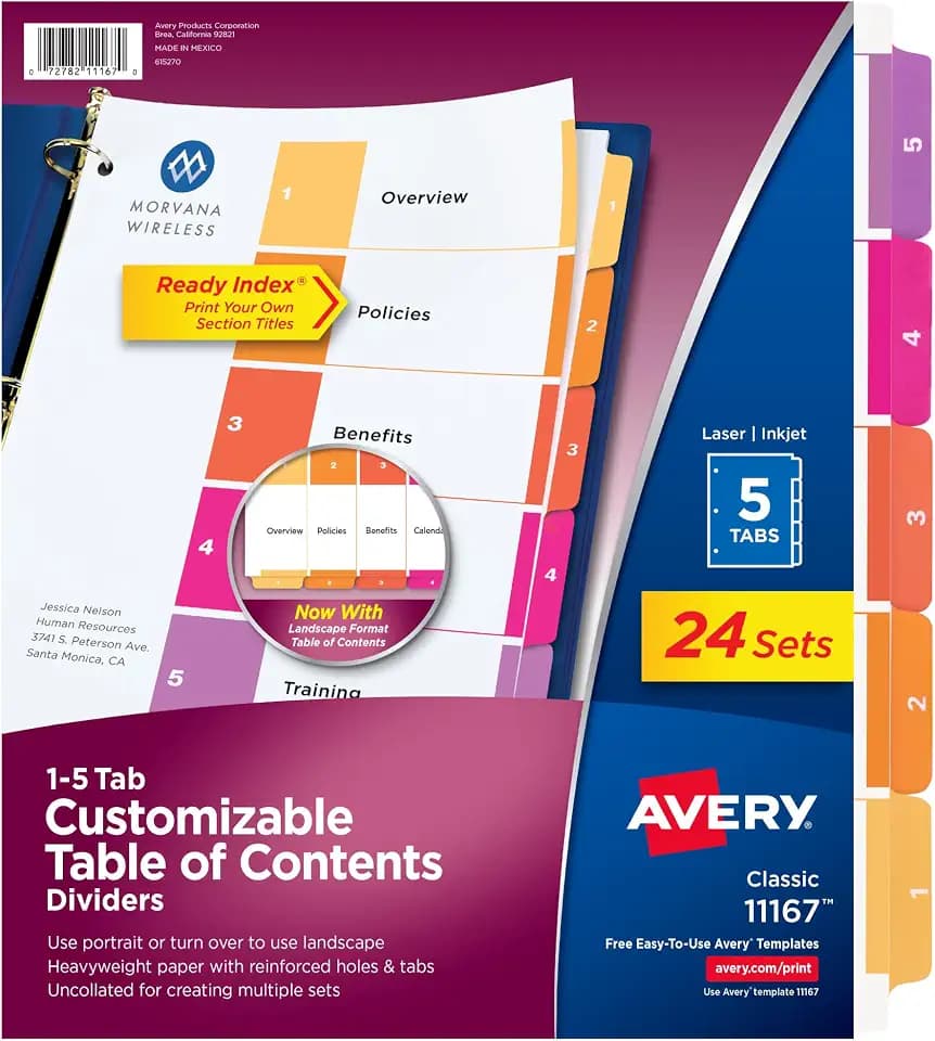 Avery Ready Index Table of Contents Dividers, 5-Tab, Color, 24 Sets