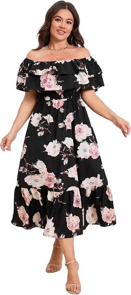 KOJOOIN Women Plus Size Off Shoulder Maxi Dress Ruffle Flowy Casual Summer Boho Long Dresses
