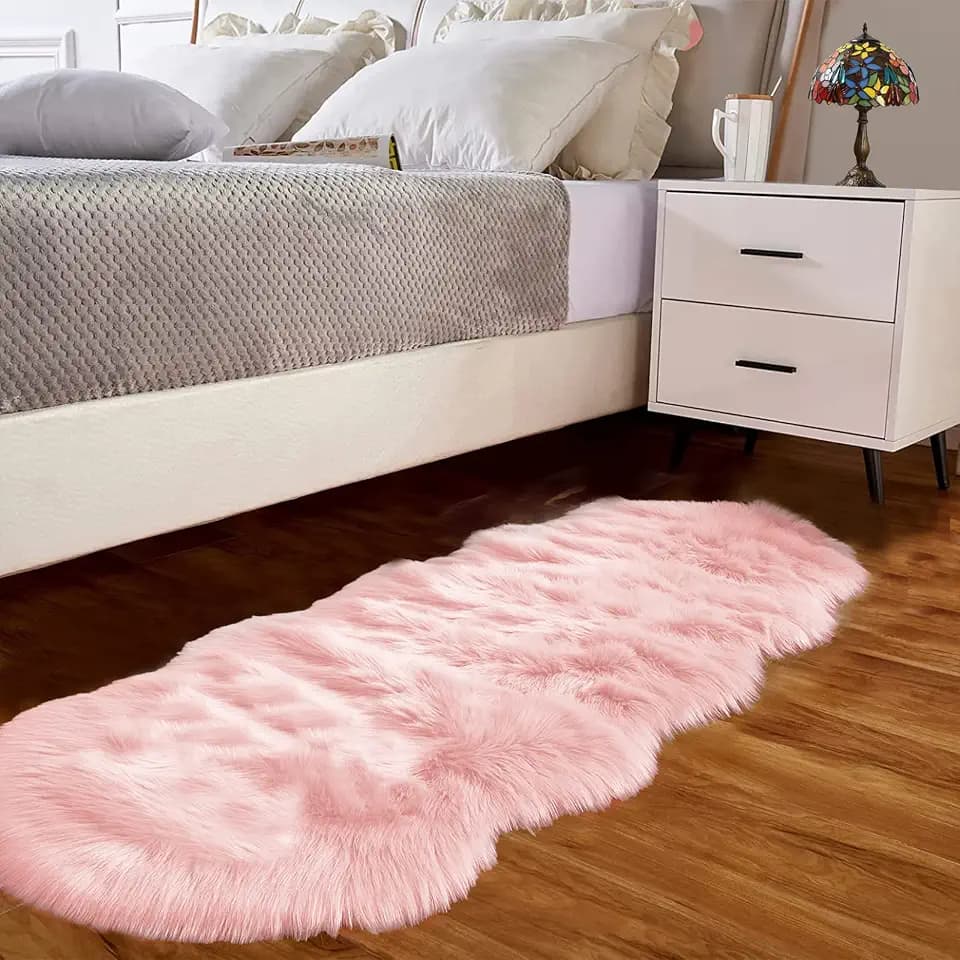 Goolela Pink Fur Rug for Bedroom Sheepskin Rug 2x6 Fluffy Runner Rug Dorm Fuzzy Furry Cute Shag Rug Decor Washable Sheepskin