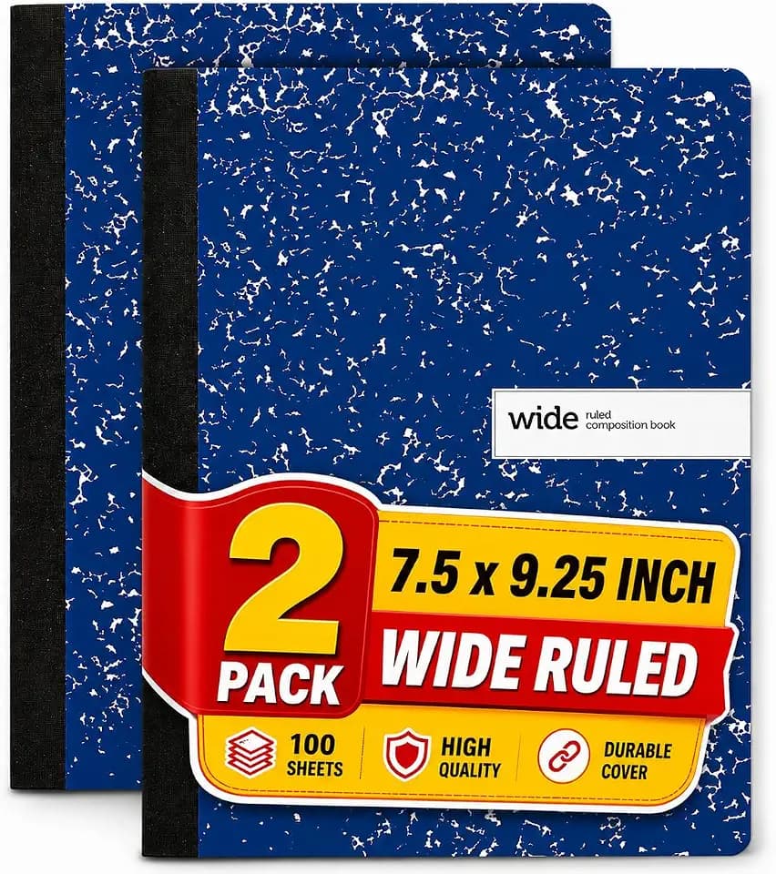 1InTheOffice Composition Notebook Wide Ruled, Wide Ruled Notebook, Marble Notebook, 7 1/2" x 9 3/4", 100 Sheets/Pack, Blue, 2 Pack