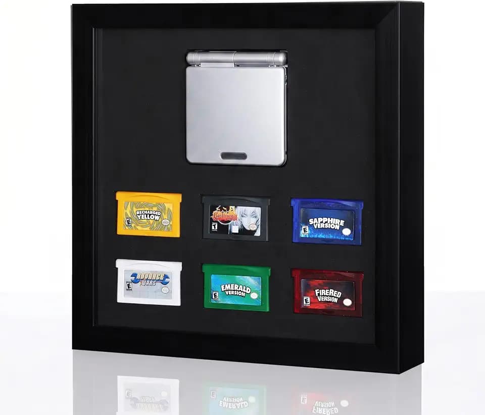 Display Frame Compatible with Game Boy Advance SP Console and 6 Cartridges, Wall Mount & Desktop Stand with EVA Foam Protection, Metal Corner Brackets, Retro Game Storage Showcase Holder