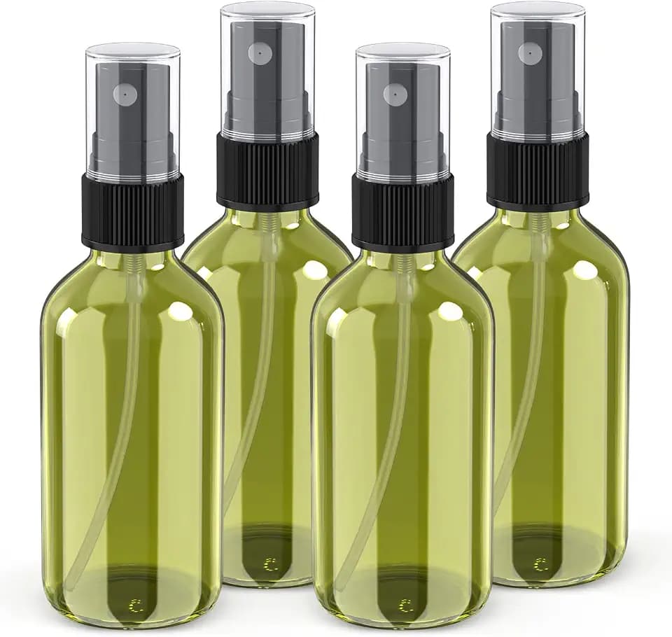 Wedama 4 oz Mini Glass Spray Bottles, Empty Small Spray Bottles with Funnel Dropper, Fine Mist for Hair, Travel, Plants, Cleaning Solutions and Skin Care (4 Pack Olive Green)
