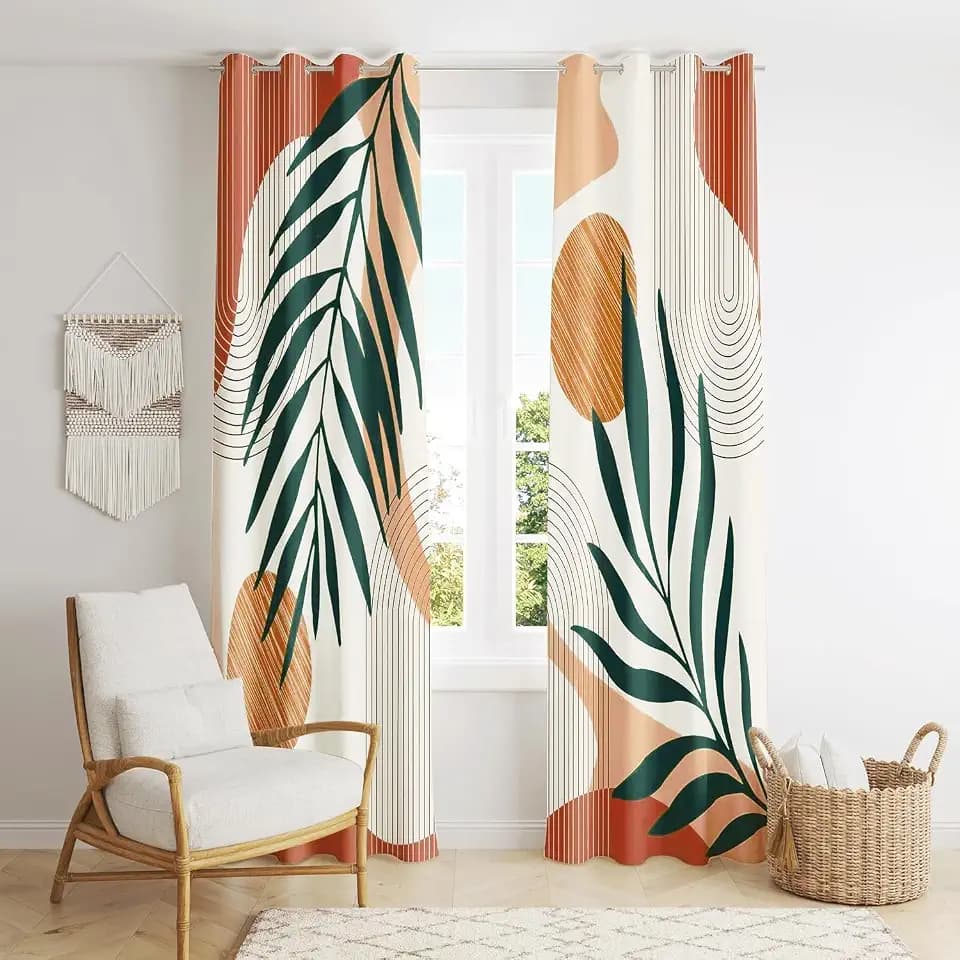 Mid Century Modern Boho Blackout Curtains, Leaf Print Drapes, 2 Panels