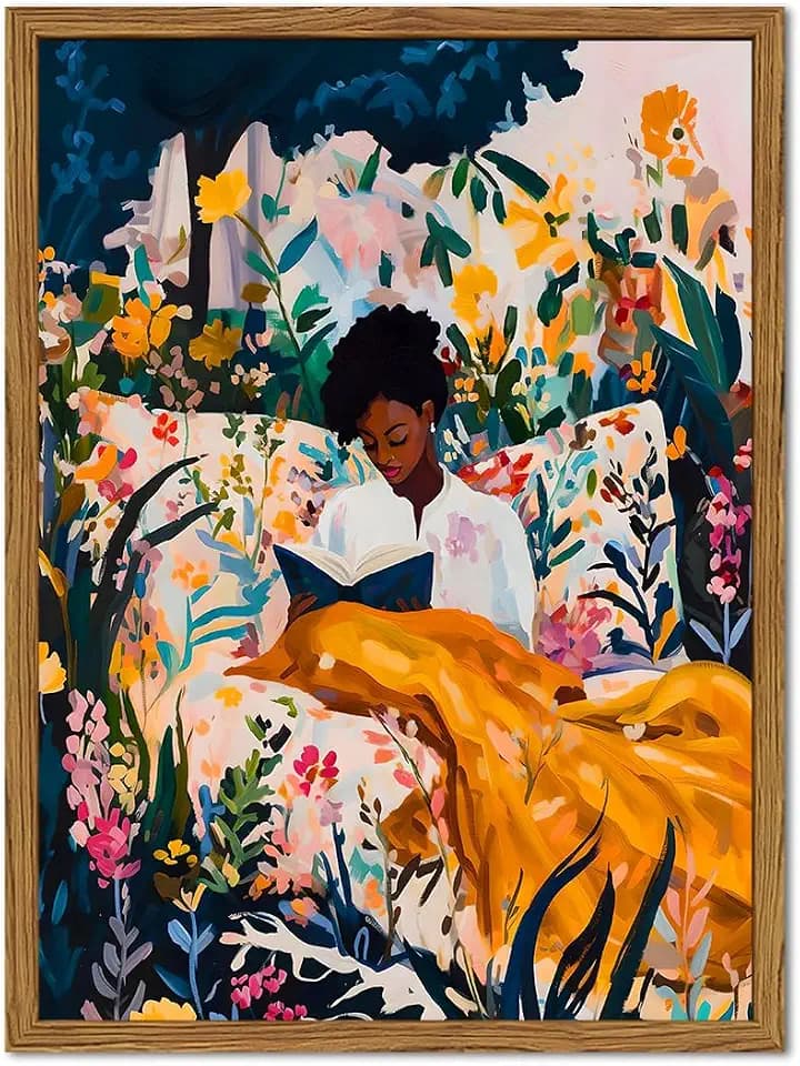 Framed Black Woman Reading Wall Art, Boho Black Girl Colorful Floral Paintings Wall Decor, African American Pictures Canvas Prints Aesthetic Home Decor for Living Room Bedroom Dorm 16x24 inch