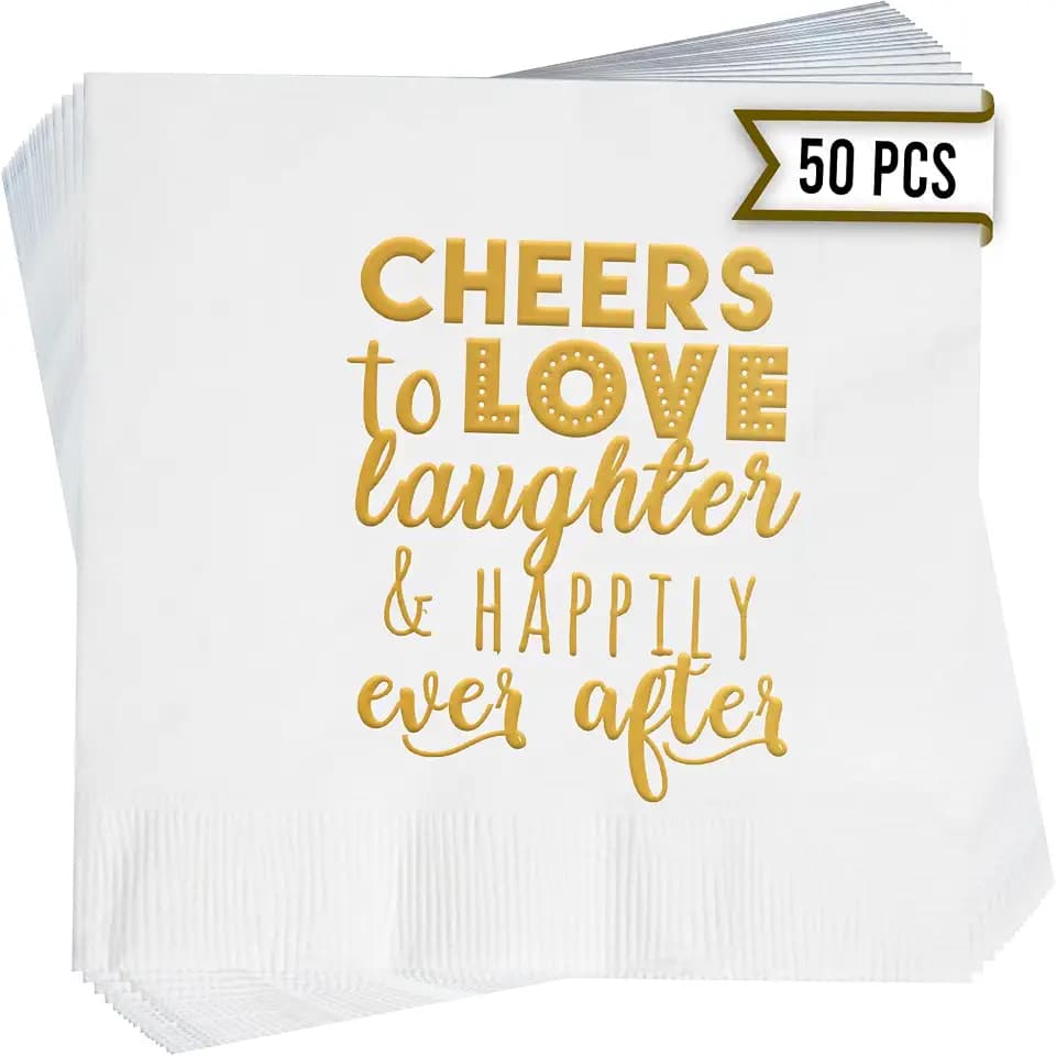 Cheers to Love and Laughter Wedding Cocktail Napkins – 50 PCS 3-Ply Funny Wedding Napkins For Reception, Bridal Shower, Rehearsal Dinner, and Engagement Party Decorations - White and Gold