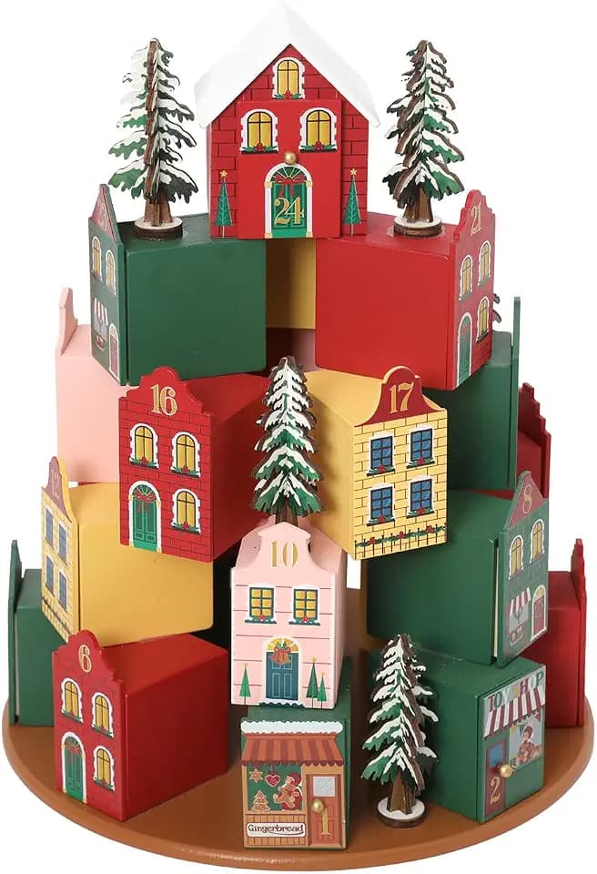 Extra Large Wooden Christmas Village Advent Calendar House | 24 Day Reusable Drawer Countdown to Xmas Decor | Hand-Painted Holiday House & Tree Display, 12.6" Tall