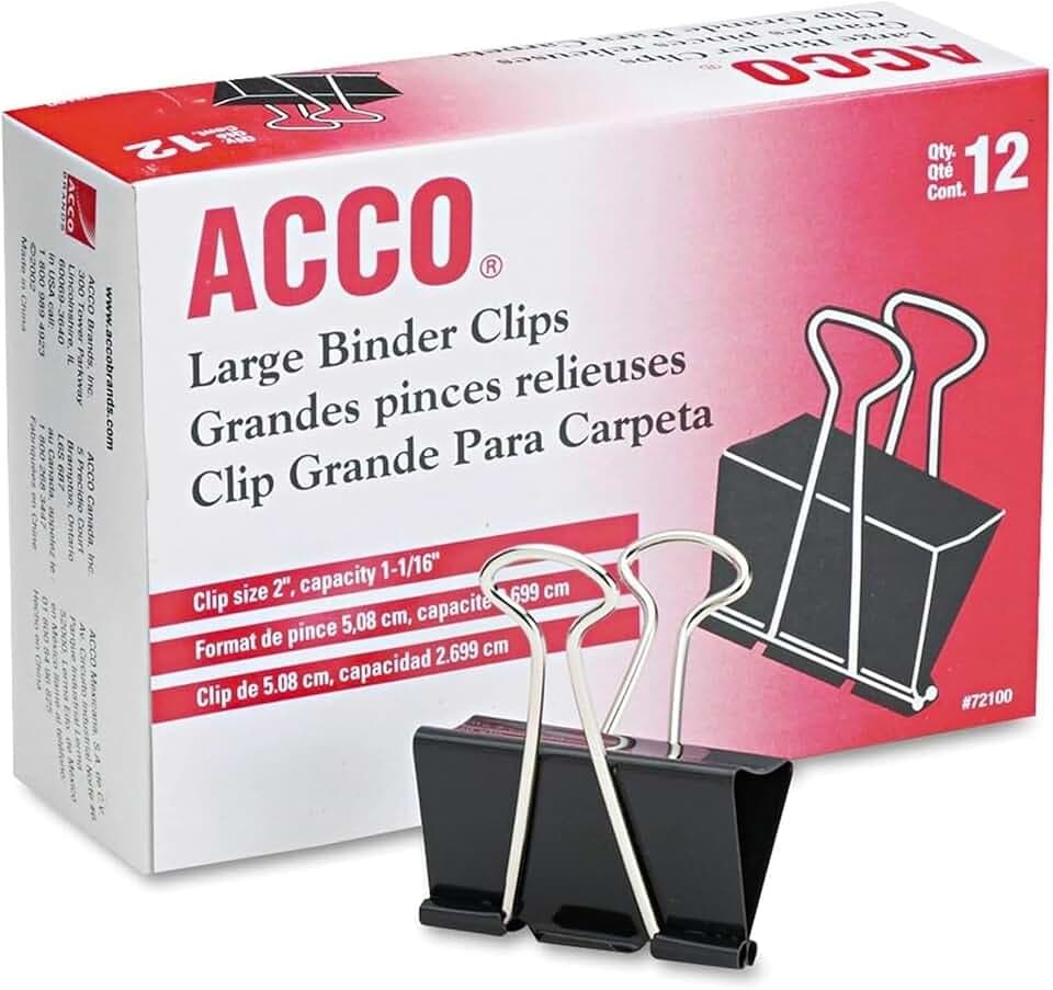 ACCO® Binder Clips, Large, Black, 12/Box - Large - 1.06" Size Capacity - Reusable - 12 / Box - Black - Tempered Steel, Plastic
