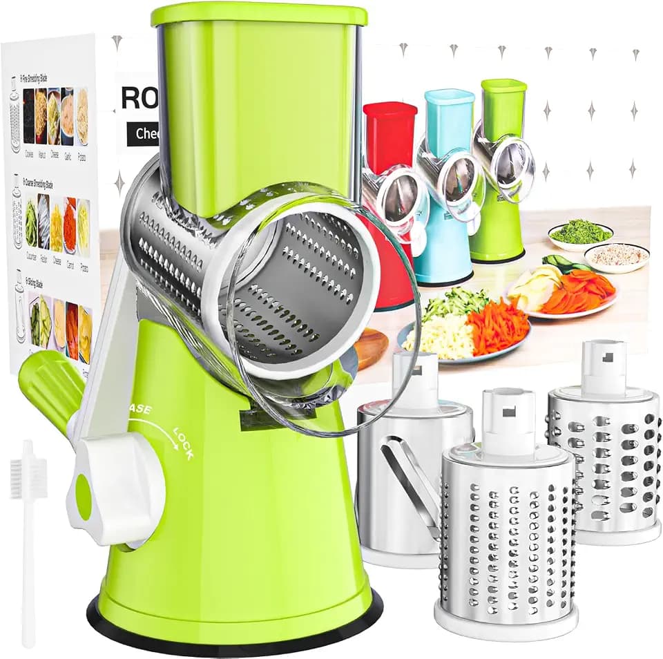 Cambom Rotary Cheese Grater Hand Crank Cheese Shredder for Fresh Cheese, Vegetable, Nuts,Non-slip Suction Base,Three Blades,Green