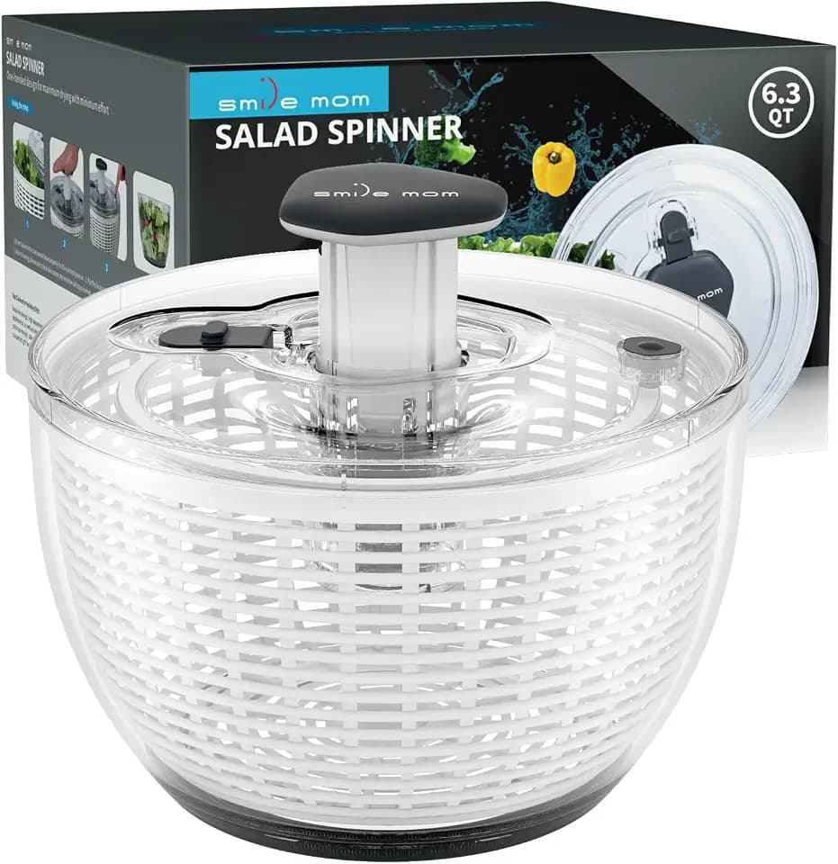 Smile mom Salad Spinner Large Lettuce Spinner Kitchen Gadgets, Large Salad Spinner Vegetable Washer, High Efficiency for Kitchen Washing & Drying Leafy Vegetables, One-Handed Easy Press 6.3 Qt White