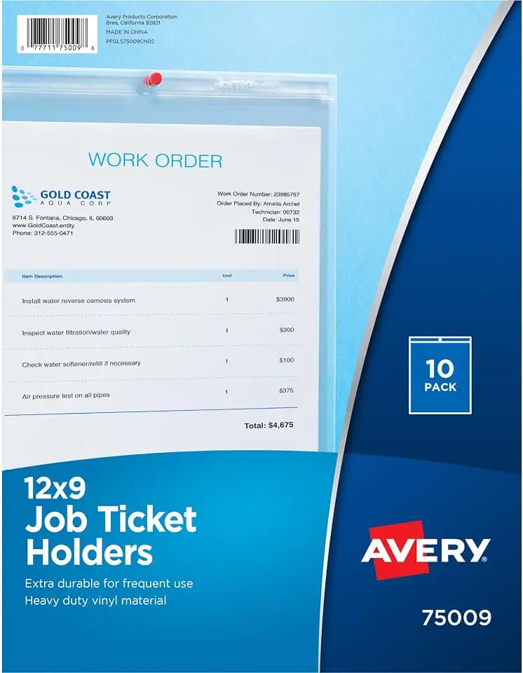 Avery® Job Ticket Holders, 9" x 12", 10 Vinyl Holders (75009)