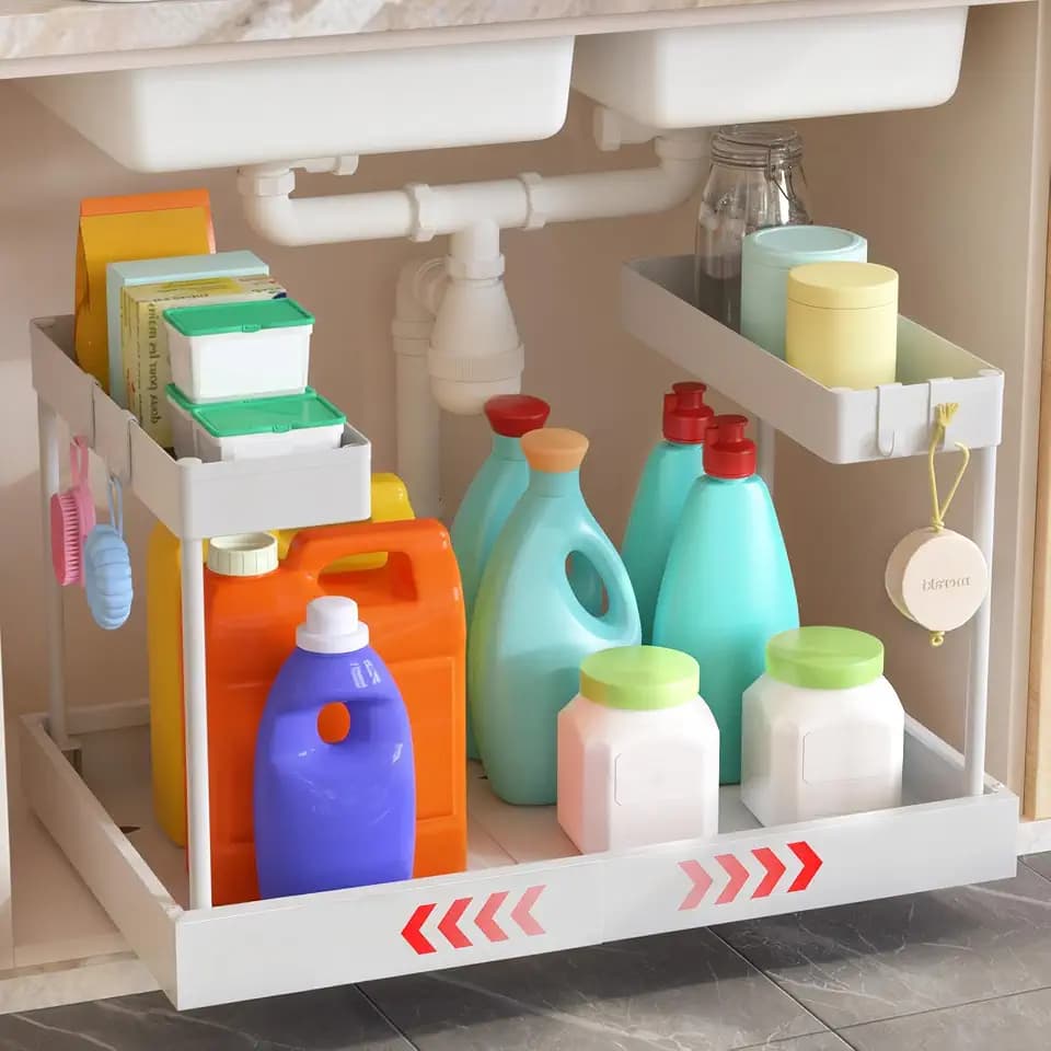 Expandable Under Sink Organizers and Storage,Width Adjustable (14.9-23.6IN),No Drill 2-Tier Pull Out Under Cabinet Organizer for Kitchen Bathroom Laundry White