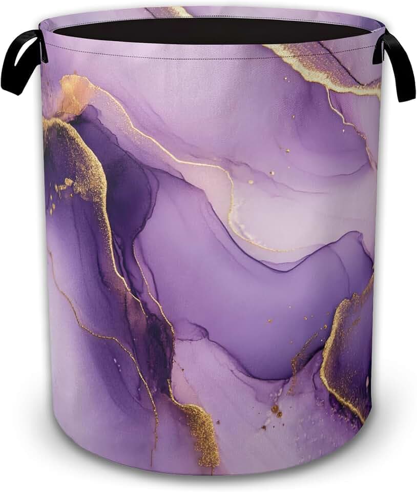 Laundry Hamper Foldable with Handles,Purple Marble Oxford Cloth Laundry Basket,Gold Abstract Storage Organizer for Bathroom Bedroom Dorm 16"x20.8"