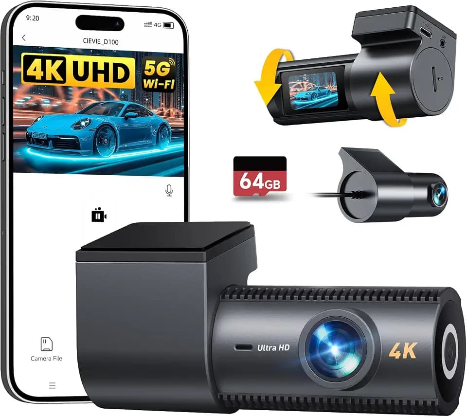 Dashcam Auto Vorne Hinten 4K+1080P, 5.8GHz WLAN Dashcam mit 170° Weitwinkel, Dashcam mit 64GB SD Karte, G-Sensor & 24h Parküberwachung, Mini Dashcam Auto mit Nachtsicht und 1,5″ Display (Tiefschwarz)