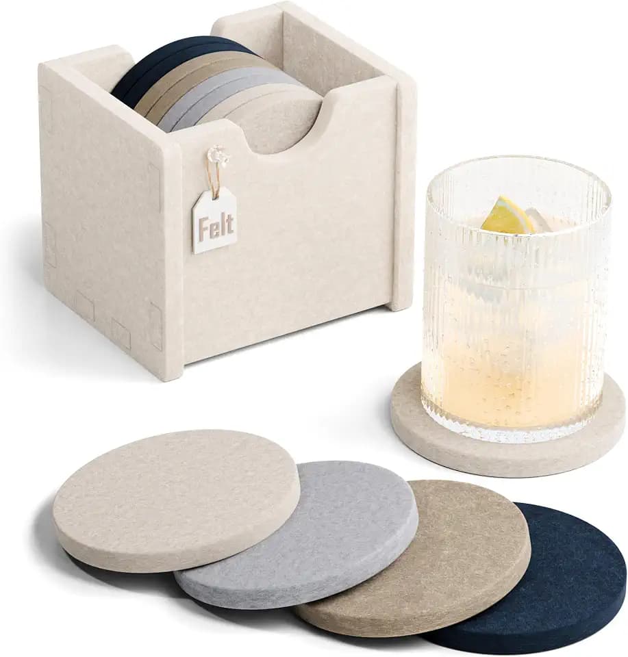 Fluxynara Felt Coasters with Holder, Set of 8 for Drinks, Nordic Slate