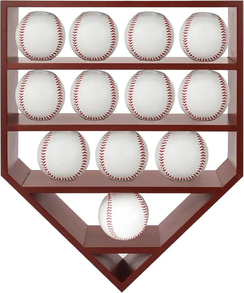 Baseball Holder Display Case for 12 Balls, Cherry Wooden Shelves