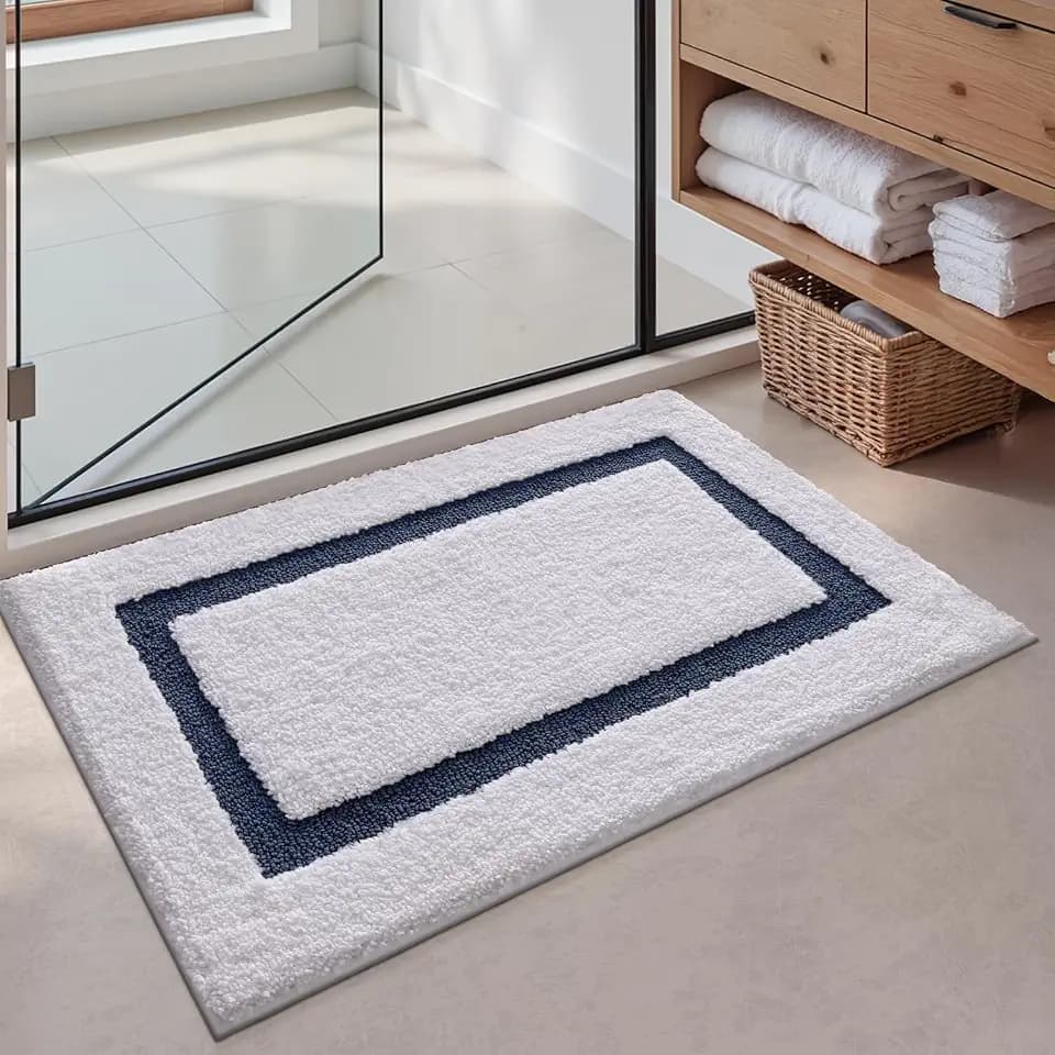 LUMI Bathroom Rug, Non Slip Absorbent Bath Mat, White Blue, 16"x24"