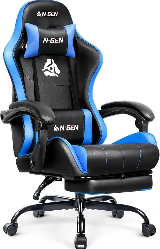 N-GEN GAMING Gaming Chair with Footrest, Lumbar Support, High-Back, Blue