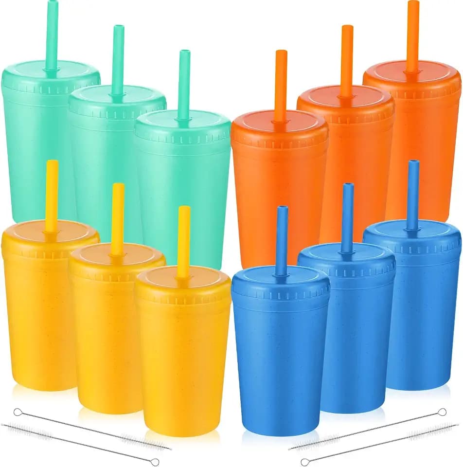Skylety 12 Pack Kids reusable cups with lids and straws Leak Proof, 10 oz Wheat Straw Cup, Unbreakable Colourful Tumbler Cups for Christmas gifts Dorm Kitchen Microwave Dishwasher Safe(Multicolor)