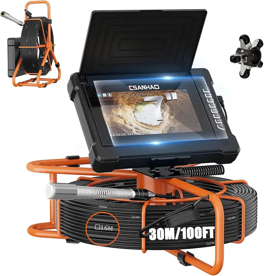 Sewer Camera 100FT/30M Borescopes Plumbing Pipe Inspection Camera DVR & Audio Recorder 23mm with 32GB Card 7" IPS Screen 12 LEDs HD 1000TVL Endoscope