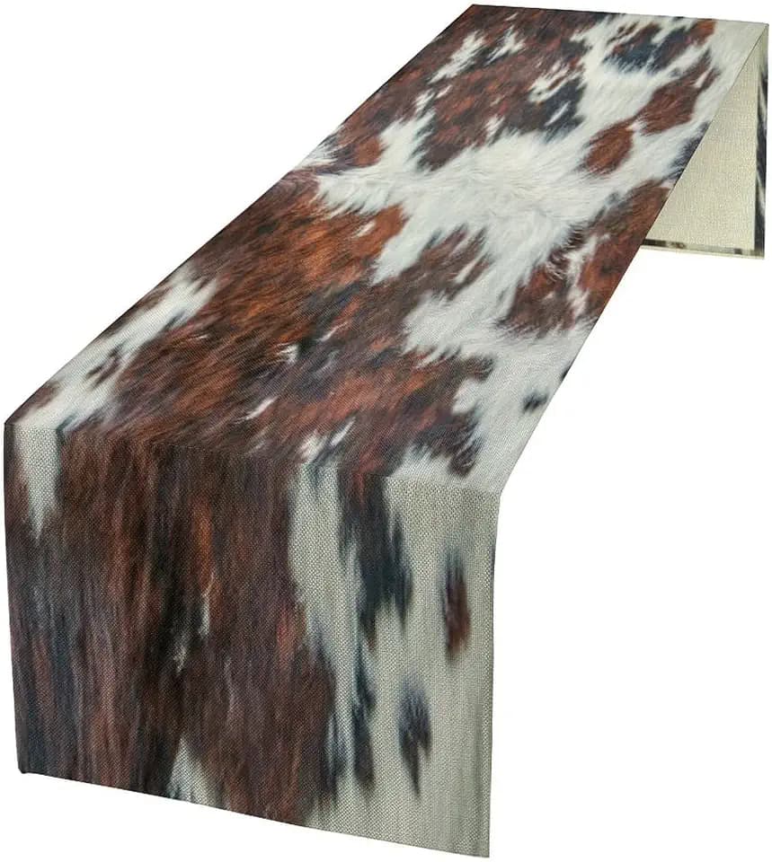 Cow Skin Print Table Runner, Rustic Cottage Country Farm Animal Fur Skin Western Style Brown Cowhide Print Dinner Runner for Home Kitchen Dining Table Decoration 13"x60"