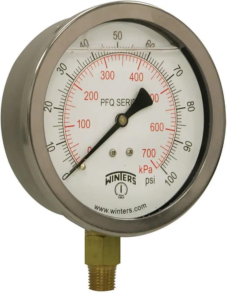 Winters 4" Dial Size, Liquid Filled Industrial Pressure Gauge, Brass Internals, 304 Stainless Steel Case, Dual Scale 0-100 psi/kPa, 1.5% Acc, 1/4" NPT Bottom Mount, Glycerin Filled Pressure Gauge
