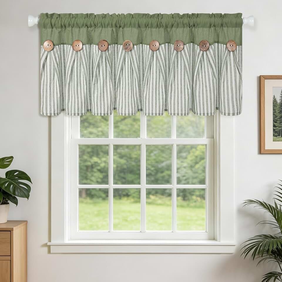 BLEUM CADE Farmhouse Kitchen Curtains Valance, Cotton Linen Valances for Windows, Boho Small Window Curtains for Kitchen, Bathroom, Green Stripe Valance with Rustic Buttons, 52 x 18 Inch