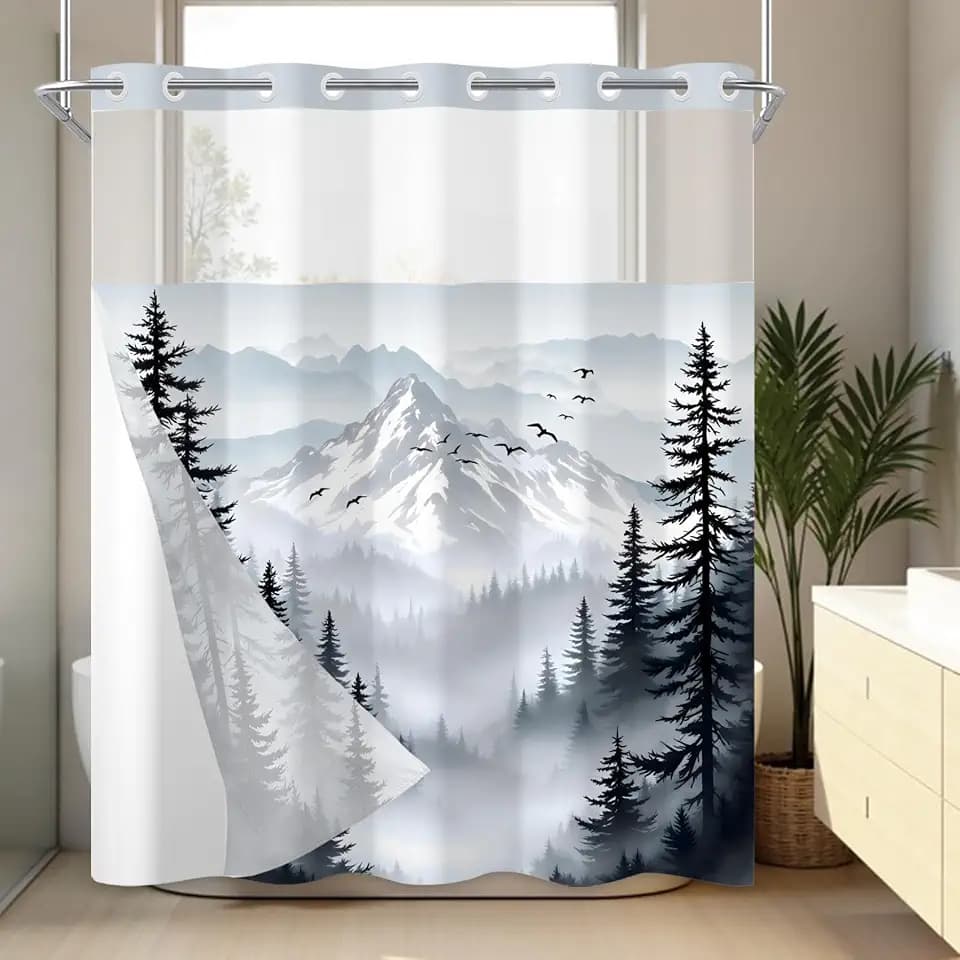 AWERT Forest No Hook Shower Curtain with Snap in Liner Misty Mountain Birds Black Double Layer Shower Curtain for Bathroom Fabric Waterproof Liner 71 Wx74L