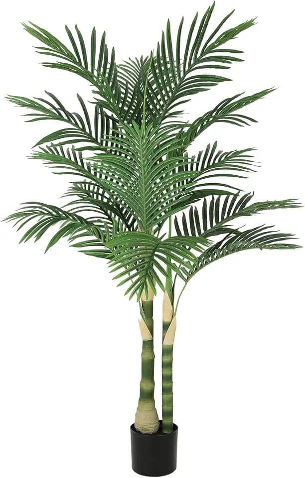 Nafresh 5ft Ultra-Full UV Resistant Fake Golden Cane Palm Tree with Double Trunks, 60in Tall Artificial Palm Tree Indoor Outdoor, Faux Palm Plant for Living Room Home Office Patio Garden Decor