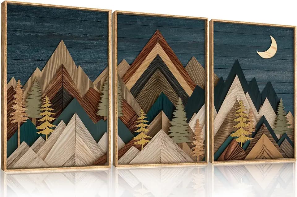 HPINUB Vintage Mountain Woodcut Style Framed Canvas Wall Art Set-16"x24"x3