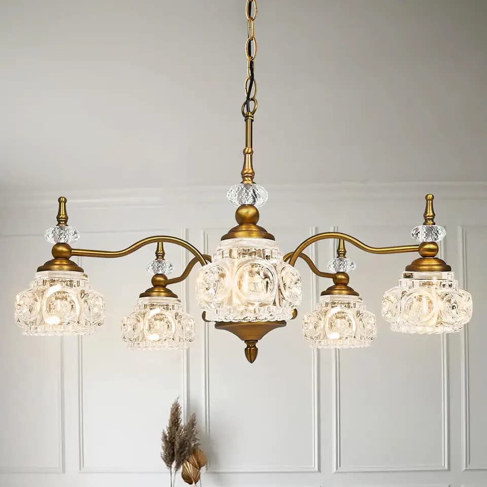 Montex Gold Brass Chandelier, 5 Light Vintage Crystal Glass Pendant Fixture