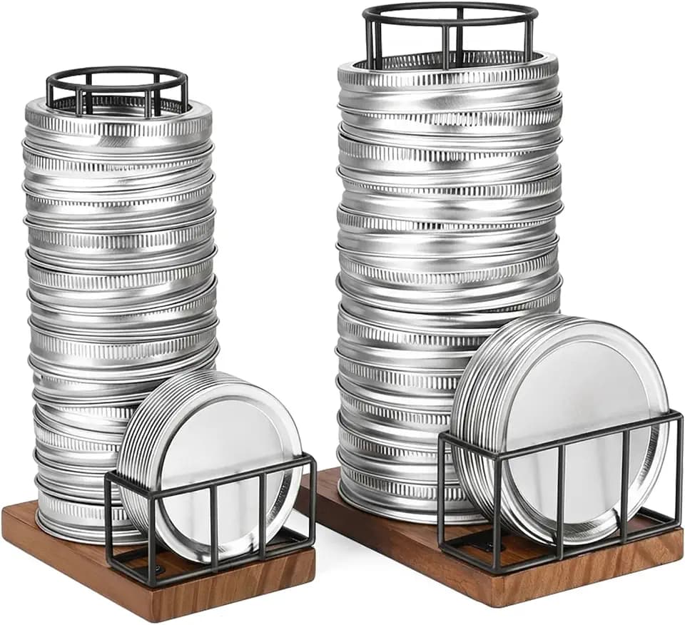 2PCS Mason Jar Lid Organizer & Holder (Wide Mouth & Regular Mouth) Iron Ball Jar Wooden Storage Accessories for Home Kitchen Organization Fit Mason/Canning/Bamboo Lids, Holds 20 Lids & 20 Rings