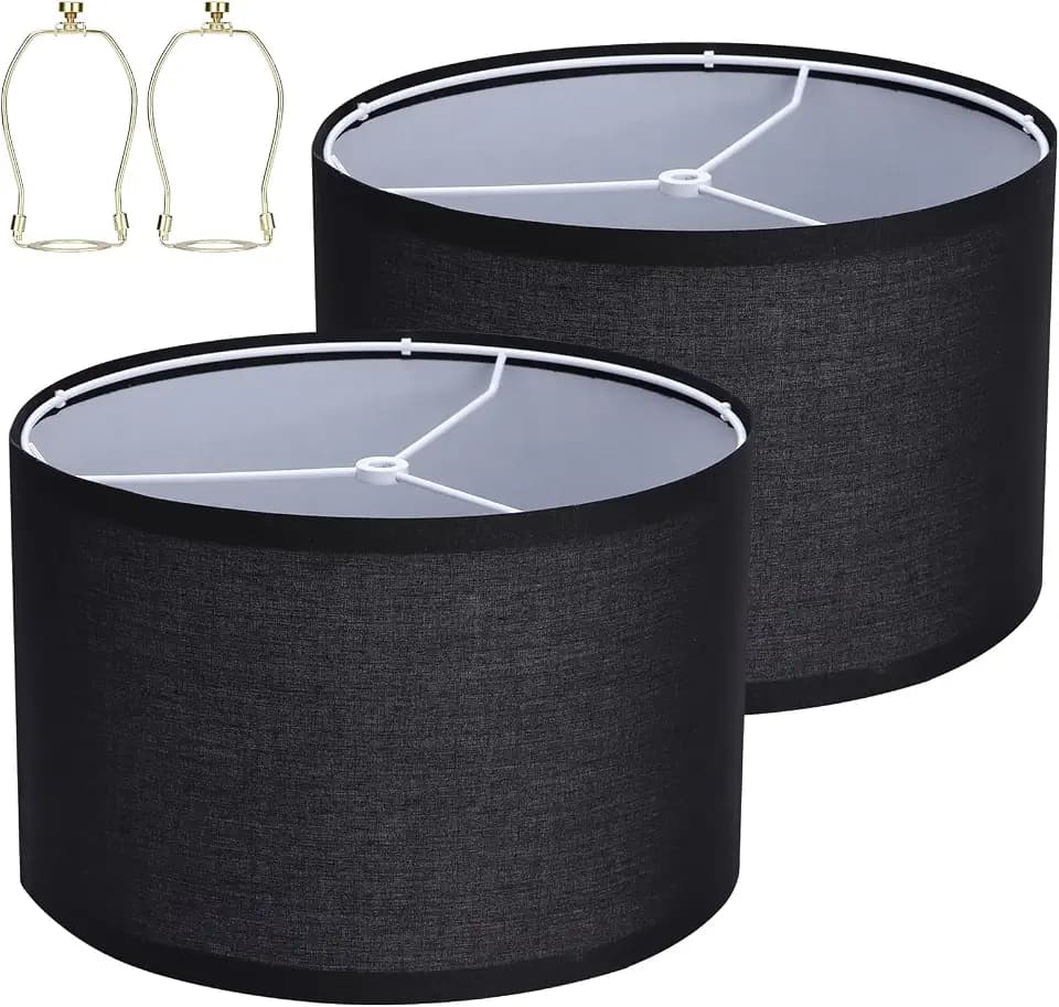 YISUN Black Drum Lamp Shades Set of 2, 11.8" Top x 11.8" Bottom x 7.9" High Natural Linen Replacement Lampshades for Table, Floor, Pendant & Wall Lamps, Harp Holders Included