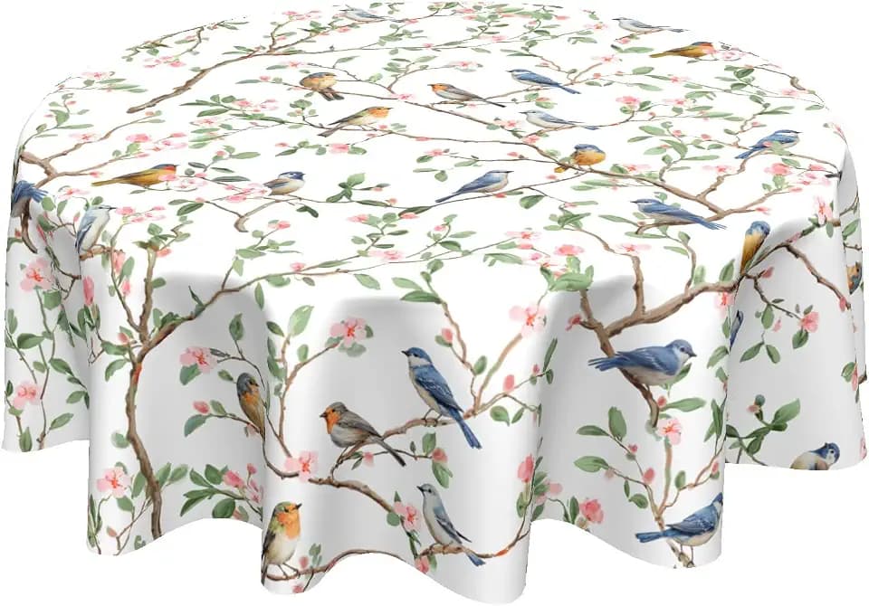 Spring Summer Tablecloth Round 60 Inch Bird Branch Floral White Table Cloth Circle Flower Seasonal Table Cover Tabletop for Home Decor Dining Room Kitchen Party Picnic