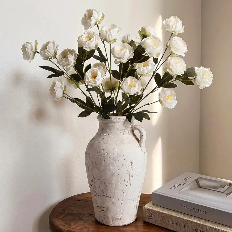 6 Pcs 32" Large White Artificial Peonies Stems Flowers, Real Look Faux Silk Peony Bouquet 42 Heads Total for Vase Filler, Farmhouse Rustic Neutral Home Decor, Wedding Centerpieces