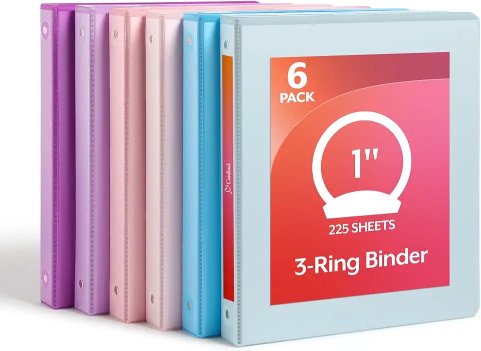 Cardinal 1 Inch 3 Ring Binders, 6 Pack, Assorted Pastels, Holds 225 Sheets